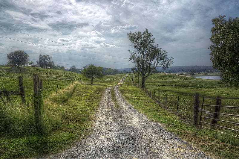 Road to the Farm, fence, cloudy, pasture, road, trees, sky, field, HD wallpaper