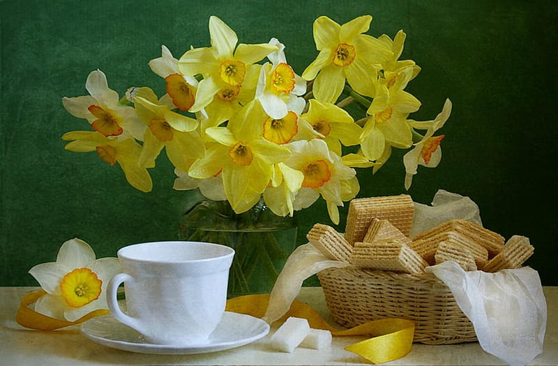 Still Life, pretty, daffodils, colors, yellow, vase, tea, cup of tea, basket, cup, flowers, daffodil, nature, HD wallpaper
