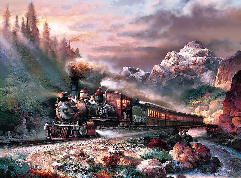 Canyon Railway F, railroad, art, locomotive, bonito, illustration, artwork, train, engine, painting, wide screen, tracks, HD wallpaper