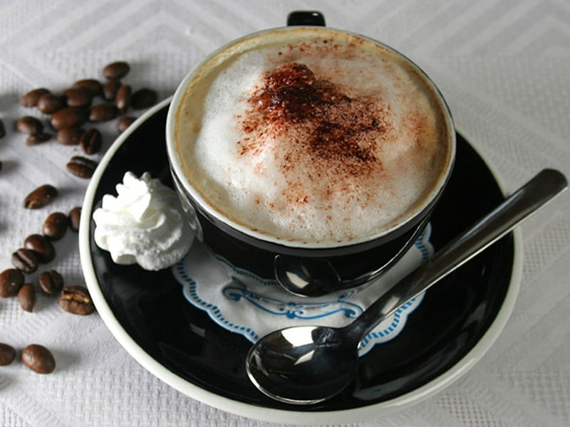 Good Morning, cute, coffee, spoon, cup, coffee beans, cream, HD wallpaper