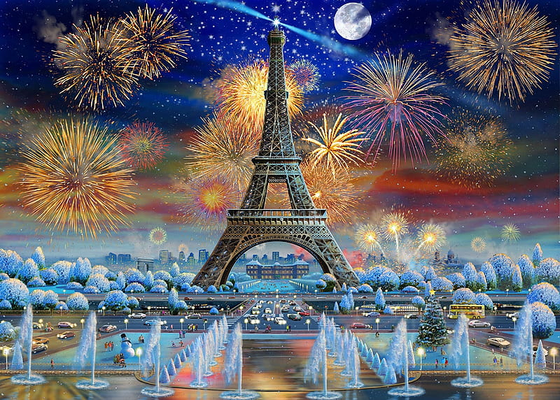 Fireworks in Paris, france, snow, eiffel tower, painting, artwork, lights, night, HD wallpaper