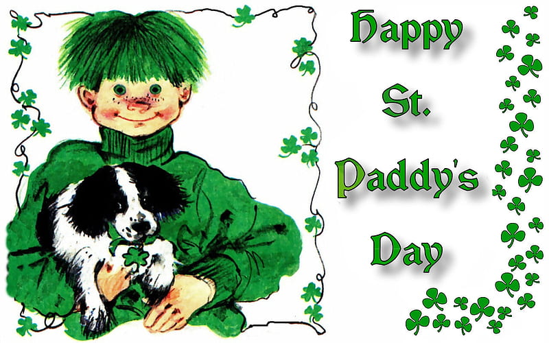 Happy St. Paddy's Day, little boy, art, Saint Patricks Day, holiday, Irish, bonito, illustration, artwork, canine, March, painting, wide screen, occasion, dogs, HD wallpaper