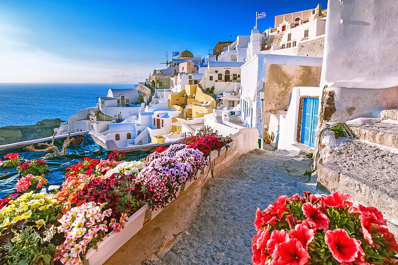 Santorini, Greece, village, flowers, traditions, street, scenic, view, houses, bonito, que, sea, Santorini, summer, HD wallpaper