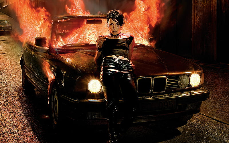 Babe on Fire car, vehicle, fire, fantasy, cgi, gothic, car, HD wallpaper