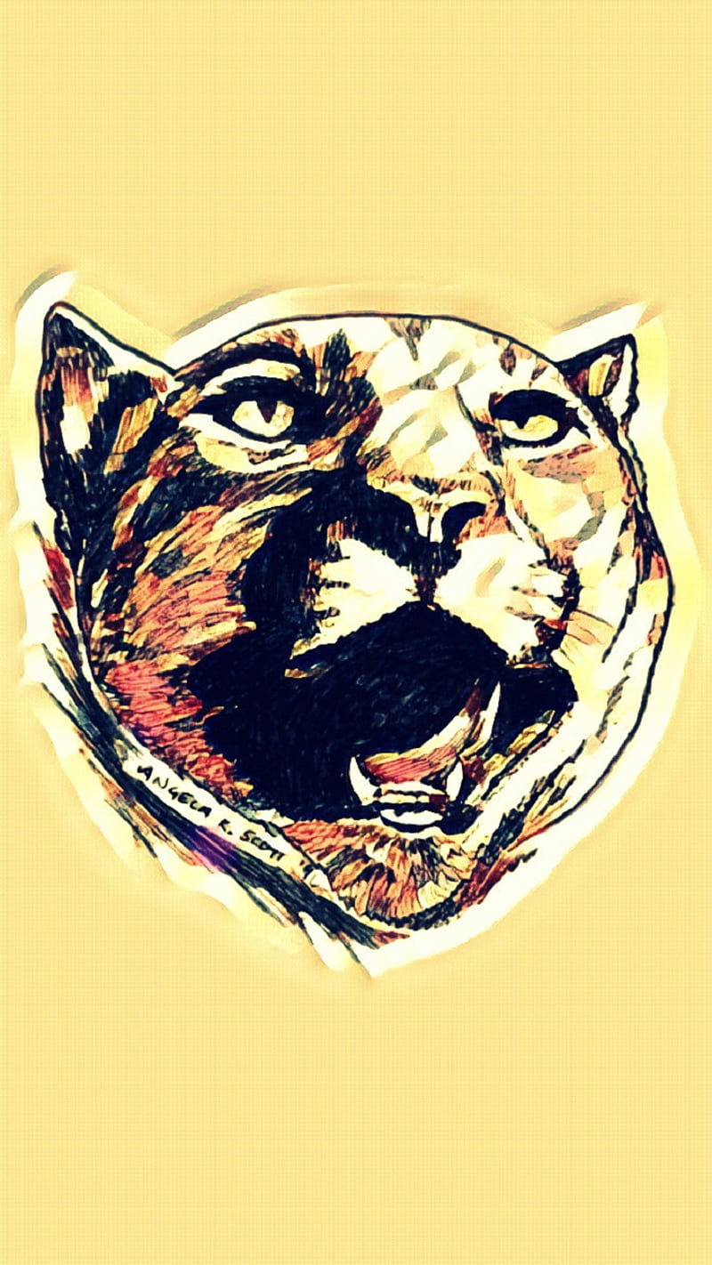 Mountain Lion Art, big cat, cougar, drawn, face, feline, puma, roar, wildlife, HD phone wallpaper