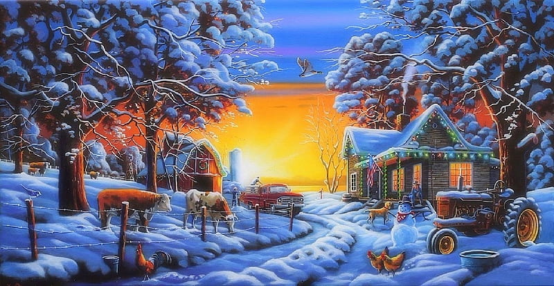 Countryside Christmas, Christmas, cottages, holidays, tractor, love four seasons, farms, attractions in dreams, xmas and new year, winter, paintings, snow, pick up, HD wallpaper