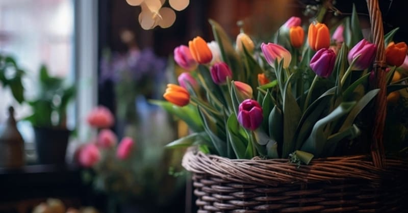 Bouquet of tulips, Wicker, Flowers, Tulips, Basket, Colorful, HD wallpaper