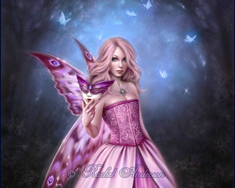 Pink Mask of Butterfly Fairy, pretty, dress, charm, bonito, digital art, angels, women, sweet, hair, fantasy, paintings, fairies, Titania, girls, drawings, pink, animals, female, lovely, model, colors, butterflies, cute, cool, weird things people wear, mask, HD wallpaper