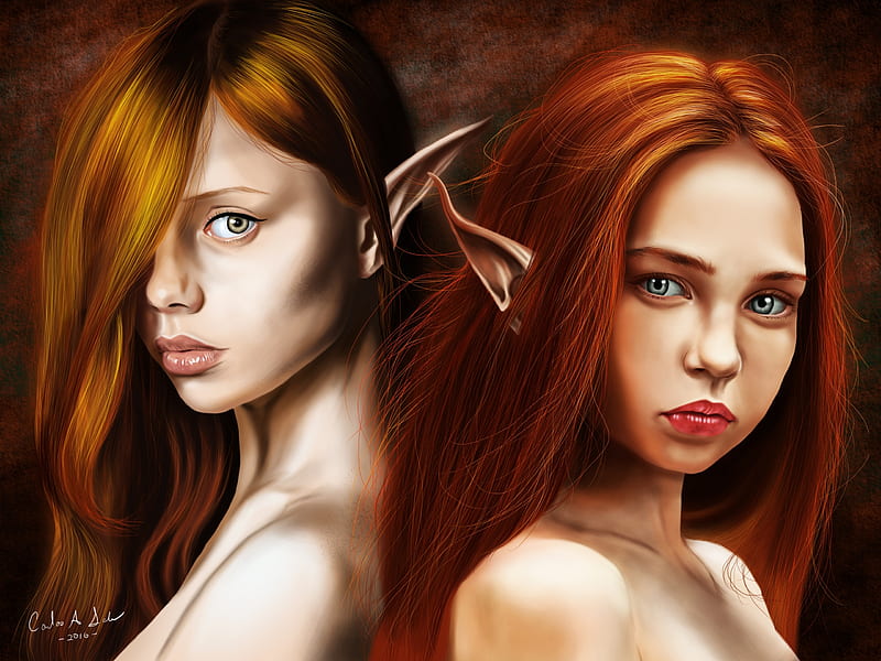 Elves Art Renata Luminos Redhead Elf Fantasy Girl Portrait Katya Couple Hd Wallpaper 7538