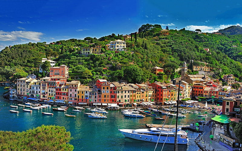 city, Cityscape, Landscape, Sea, Boat, Building, Forest, Bay, Portofino, Italy, Colorful / and Mobile Background, HD wallpaper