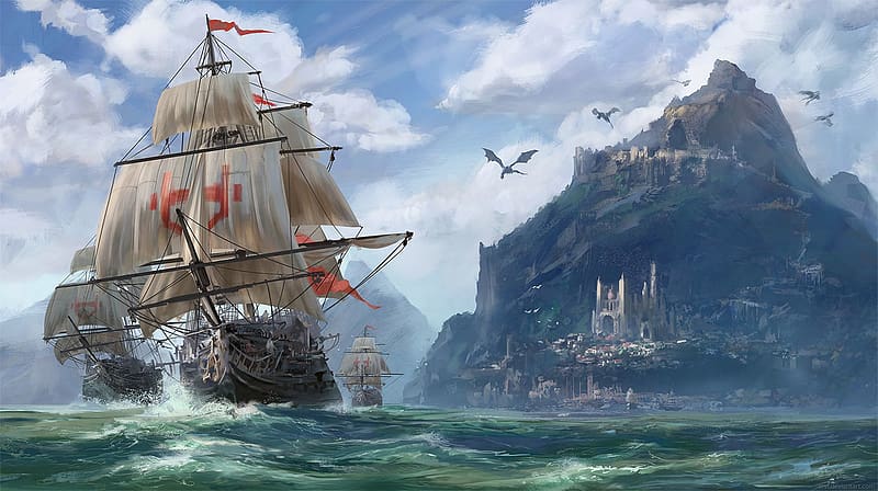 Fantasy, City, Mountain, Island, Ship, HD wallpaper