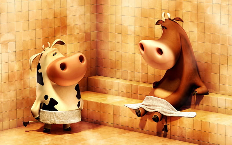 cow sauna, bench, cow, towel, sauna, HD wallpaper