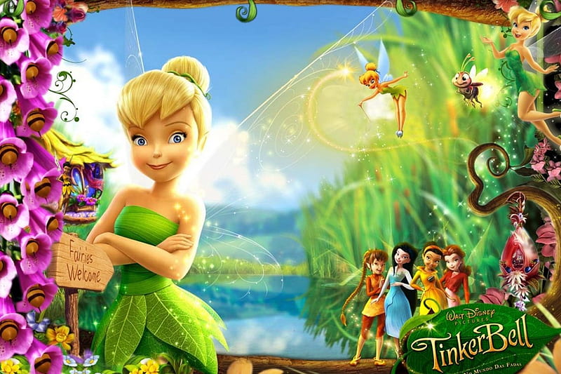 TinkerBell, poster, movie, fantasy, green, flower, pink, fairy, disney, HD wallpaper