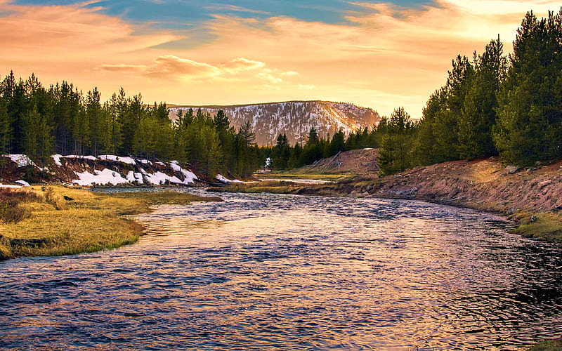 Gibbon River, Madison Canyon Yellowstone N.P, landscape, wyoming, usa, sunset, trees, clouds, sky, HD wallpaper