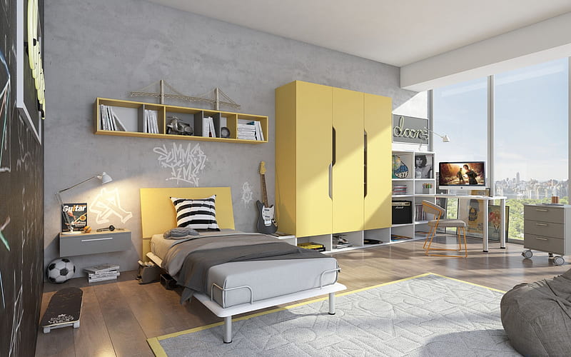 stylish design, childrens room, yellow-gray stylish interior, modern design, project, HD wallpaper