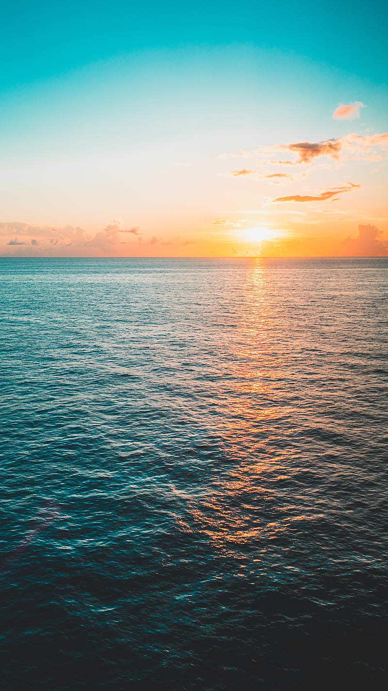 Ocean Sunset, blue, glow, orange, sea, skies, sun, sunrise, teal, HD phone wallpaper