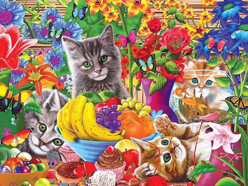 Kittens, fruit, vara, fantasy, flower, summer, cat, kitten, pisici, HD ...