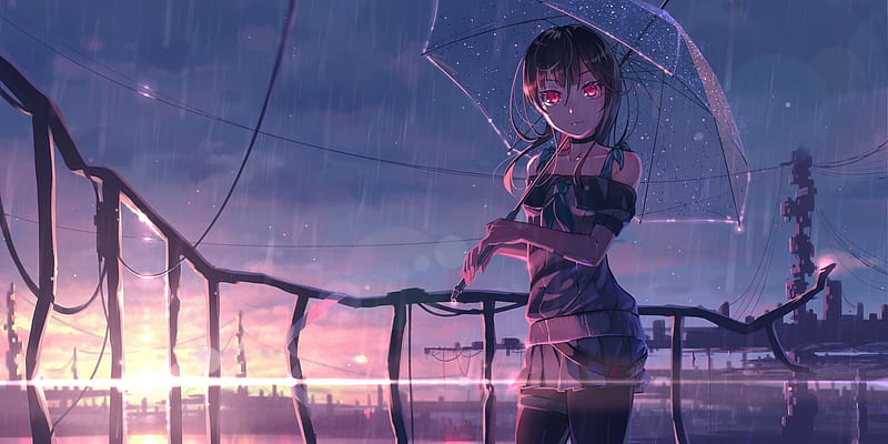 anime girl, raining, sunset, transparent umbrella, scenery, Anime, HD wallpaper