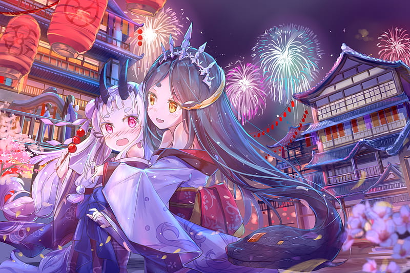 world of lethe, kimono, fireworks, festivals, anime girls, mobile anime games, Anime, HD wallpaper