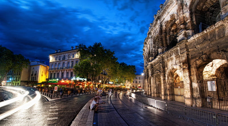 Nimes,France, architecture, bar, umbrella, clouds, lights, splendor, beauty, nimes, umbrellas, lovely, buildings, sky, trees, building, france, alley, colorful, bonito, leaves, monument, city, green, people, way, streets, road, blue, street, night, view, colors, terrace, tree, peaceful, nature, HD wallpaper