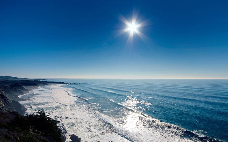 Glistening Sea, horizon, sun, foam, ocean, surf, sunny, waves, beach, sand, water, cliffs, froth, white, blue, HD wallpaper
