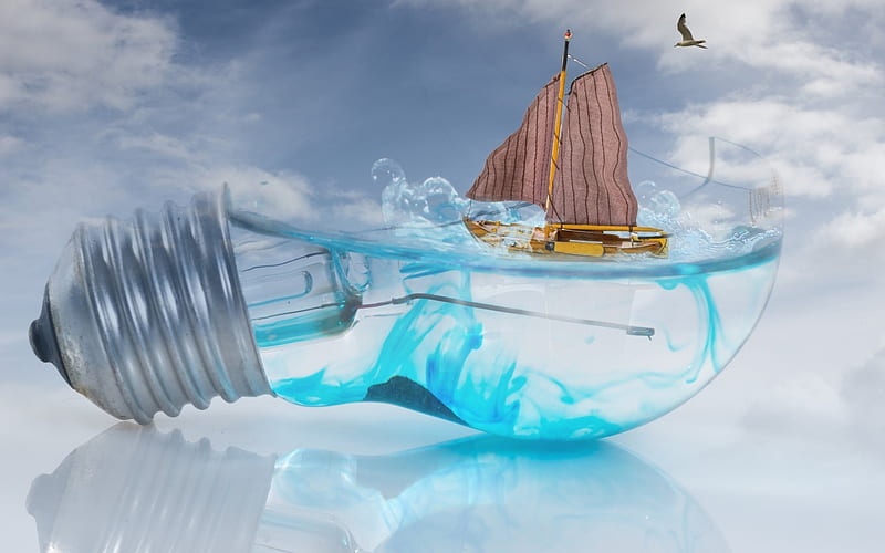 3d light bulb, water, sailboat, concepts, lamp with water, HD wallpaper