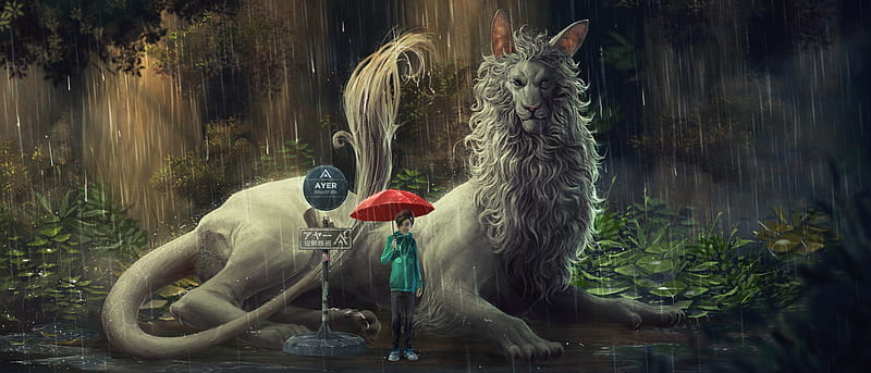 Matt and the dragon lion, dragon, lion, fantasy, boy, umbrella, kaithzer morejon, matt, HD wallpaper