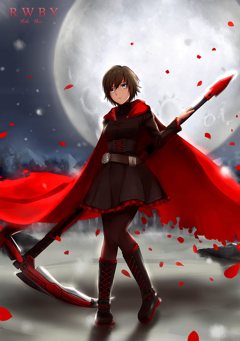ruby rose, scythe, rwby, moon, red cape, Anime, HD phone wallpaper
