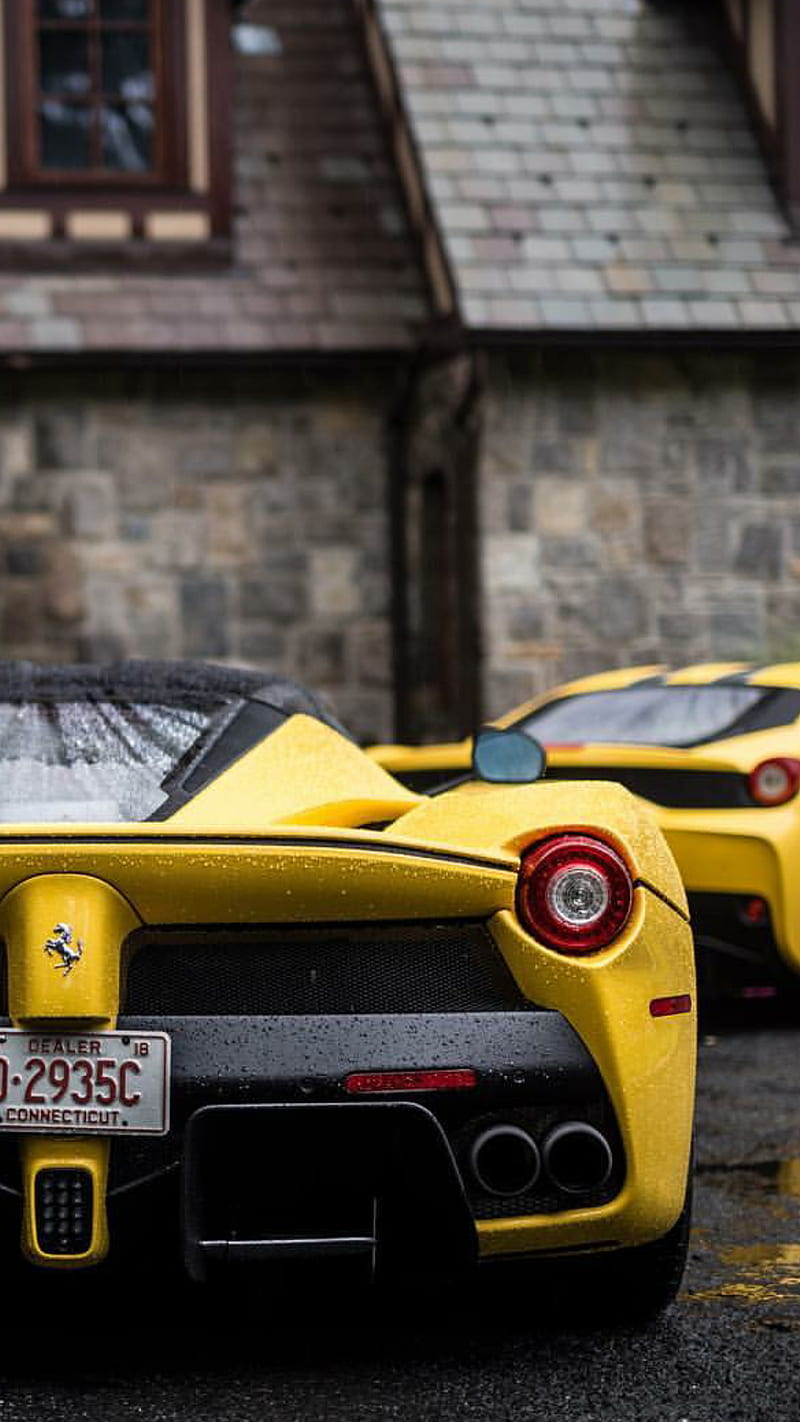 Two Yellow Stallions, car, ferrari, ferrari 458, ferrari laferrari, hypercar, rari, supercar, yellow, HD phone wallpaper