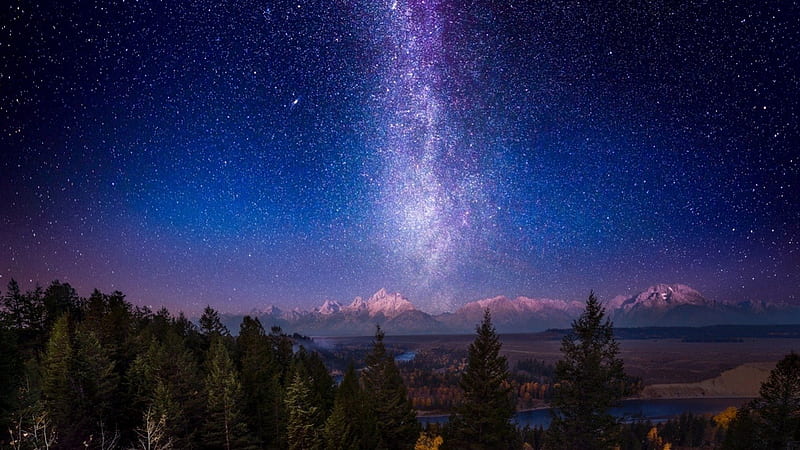 MILKY WAY OVER GRAND TETON, lakes, nocturnal, trees, starry night, galaxy, water, snow, universe, mountains, landscapes, firmament, forests, HD wallpaper