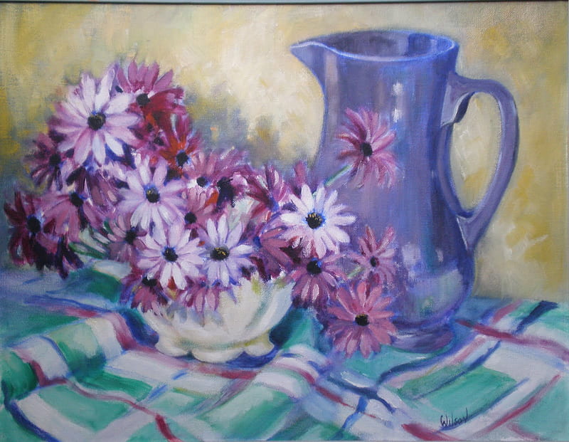 In Love With Purple, stripes, soft, spring, daisies, purple, table cloth, jug, flowers, pastel, bowl, HD wallpaper