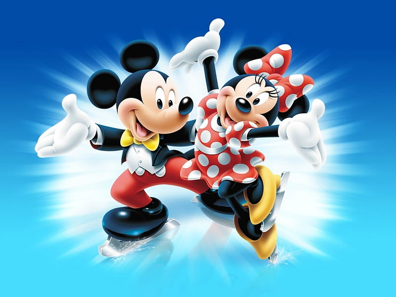 Have fun this winter!, skate, bow, winter, cute, mouse, minnie, mickey, couple, disney, blue, HD wallpaper