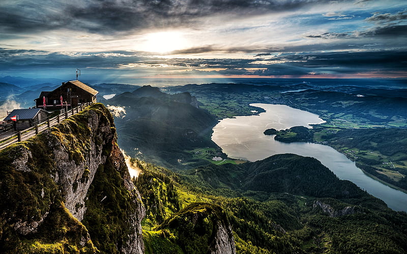 Wolfgangsee, lake, sunset, mountain landscape, evening, view from above, Upper Austria, Salzburg, Austria, HD wallpaper