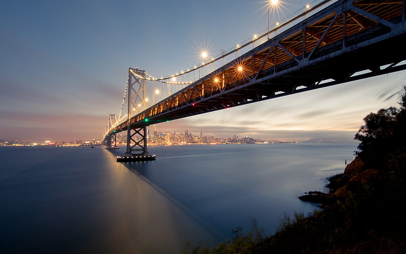 Oakland Bay Bridge, San Francisco, California, evening, sunset, suspension bridge, cityscape, San Francisco skyline, USA, HD wallpaper