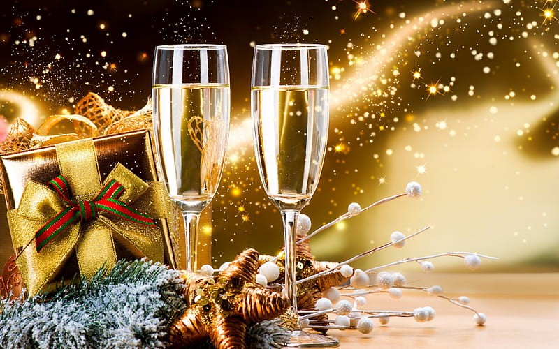 Happy New Year!, present, cheers, holiday, glasses, new year, champagne, happy, lights, sparkles, HD wallpaper