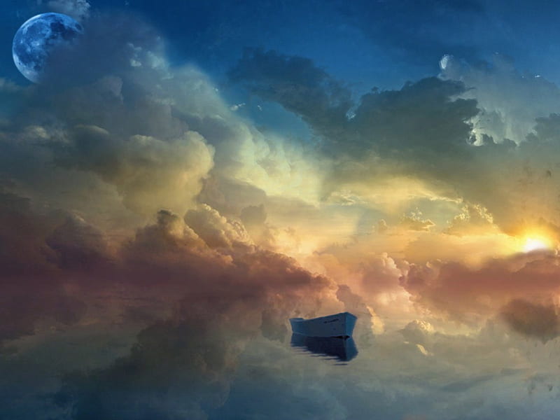 Mystery Boat, calm water, dinghy, full moon, sunset, clouds, HD wallpaper