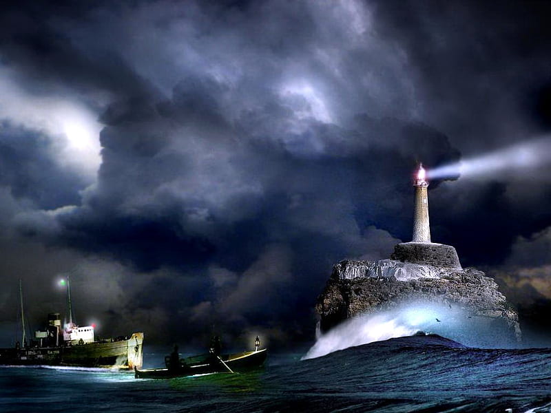 Moonlight lighthouse, rock, ocean, waves, storm, lighthouse, beacon, ship, dark clouds, light, HD wallpaper