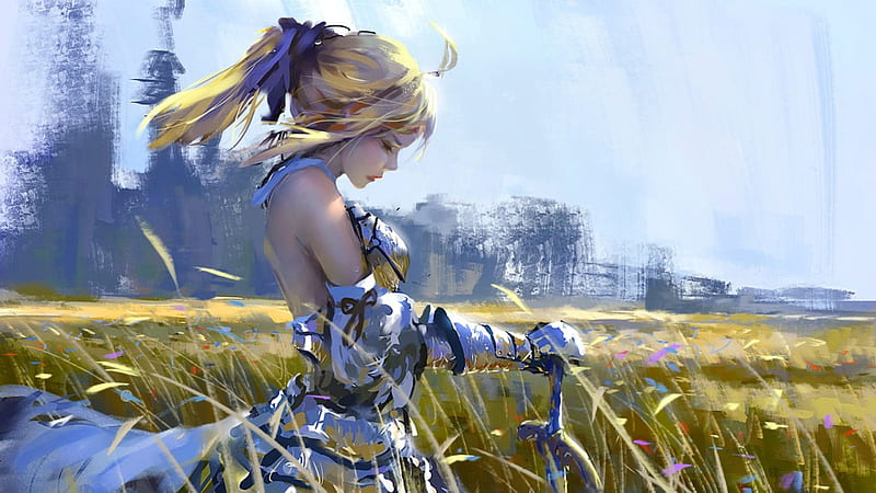 Saber Lily, art, luminos, wind, game, yellow, wlop, fantasy, girl, sword, blue, HD wallpaper