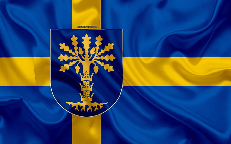 Coat of arms of Blekinge lan silk flag, Swedish flag, Blekinge County, Sweden, flags of the Swedish lan, silk texture, Blekinge lan, coat of arms, HD wallpaper
