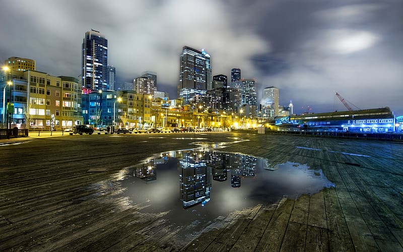 Cities, Night, City, Skyscraper, Building, Reflection, Puddle, Seattle, , Dave Morrow, HD wallpaper