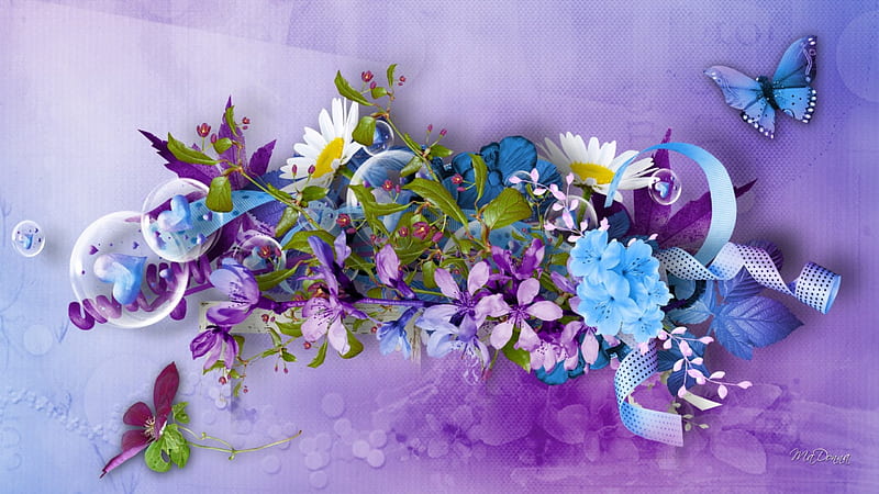 Lavender Luxury of Blues, lilac, butterflies, ribbons, bows, corazones, floral, daisies, lalvender, flowers, blue, HD wallpaper