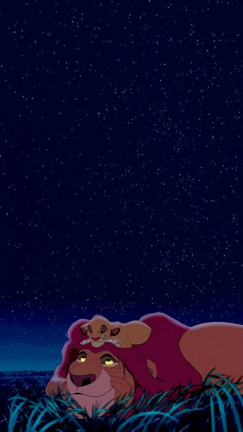 Simba and Mufasa, cartoon, childhood, night time, the lion king, HD phone wallpaper