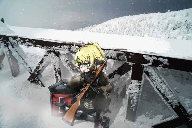 degurechaff tanya, youjo senki, military uniform, rifle, snow, Anime, HD wallpaper