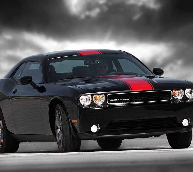 Challenger, black, carros, red line dodge challenger, vehicle, HD wallpaper