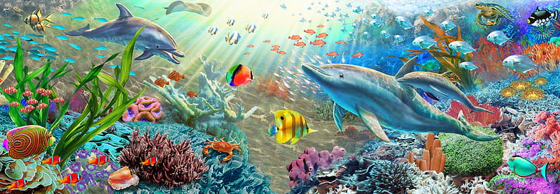 Underwater, fantasy, vara, water, dolphin, fish, summer, adrian, chestarman, luminos, sea, HD wallpaper