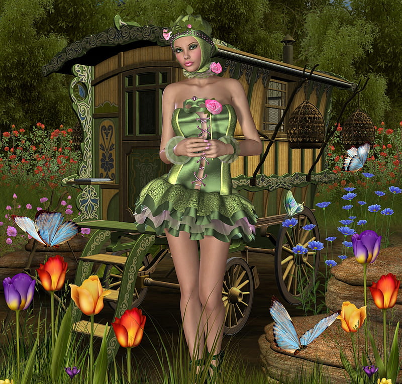 ✼Green Gypsy of Garden✼, rocks, pretty, colorful, dress, grass, Conceptual, charm, bonito, soil, sweet, hair, Other, bright, Digital Art, flowers, tulips, girls, animals, female, model, colors, butterflies, roses, trees, cool, wagon, plants, eyes, beloved valentines, HD wallpaper