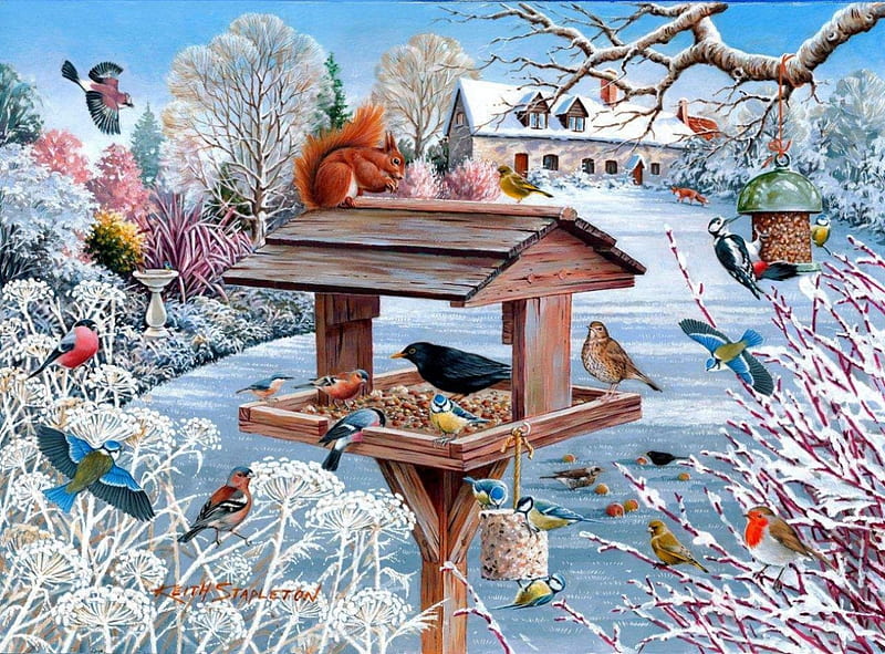 Winter Feeding, tree, squirrel, house, snow, painting, birds, artwork, HD wallpaper