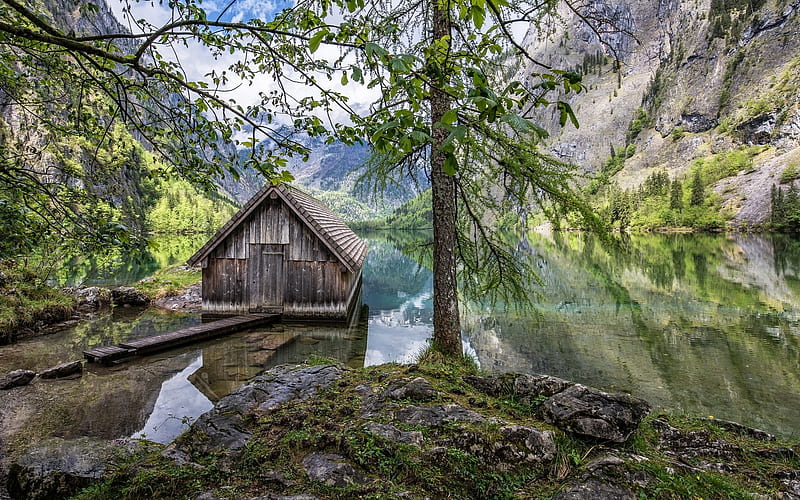 mountain lake, wooden hut, Alps, spring, Bavaria, Germany, forest, HD wallpaper