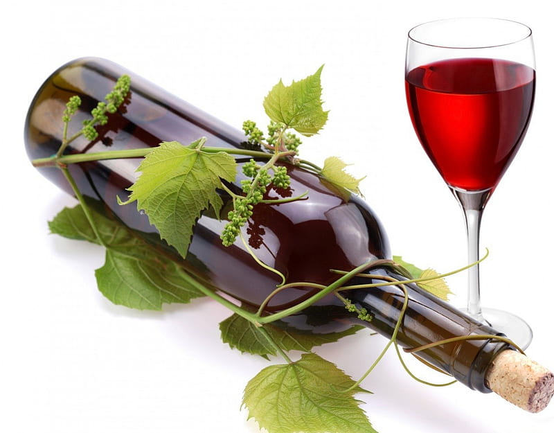 Just 1 glass of wine, red, delicious, bottle, wine, grape, glass, leaves, nice, cool, green, sprig, drink, petals, HD wallpaper
