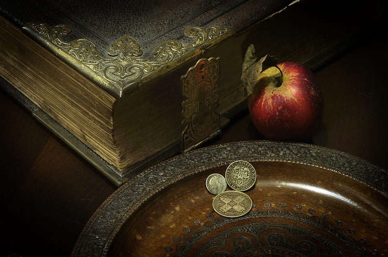 old treasure, apple, table, antique, book, coins, HD wallpaper